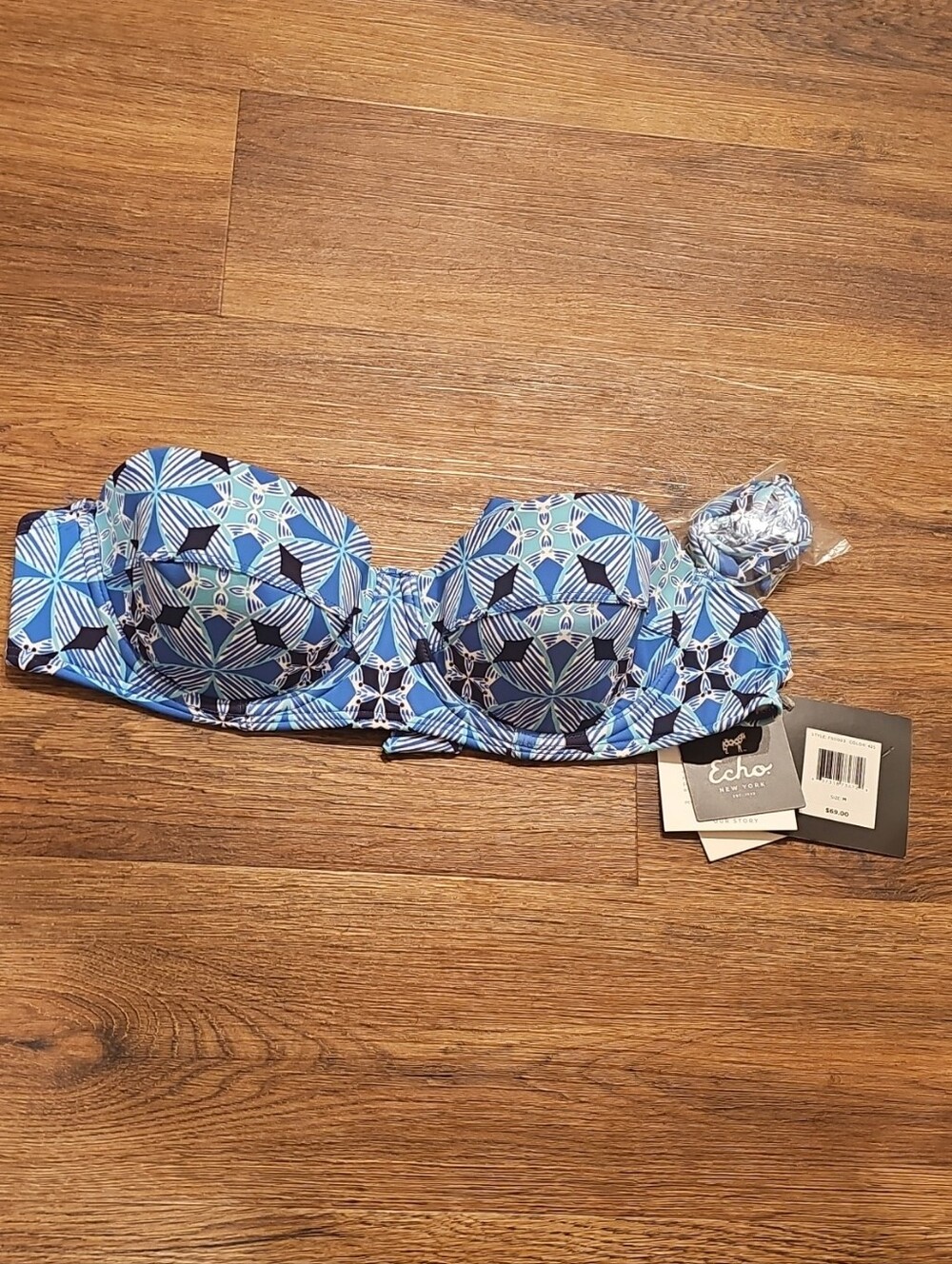 Echo Blue Geometric Strapless Bikini Top with Scrunchie
